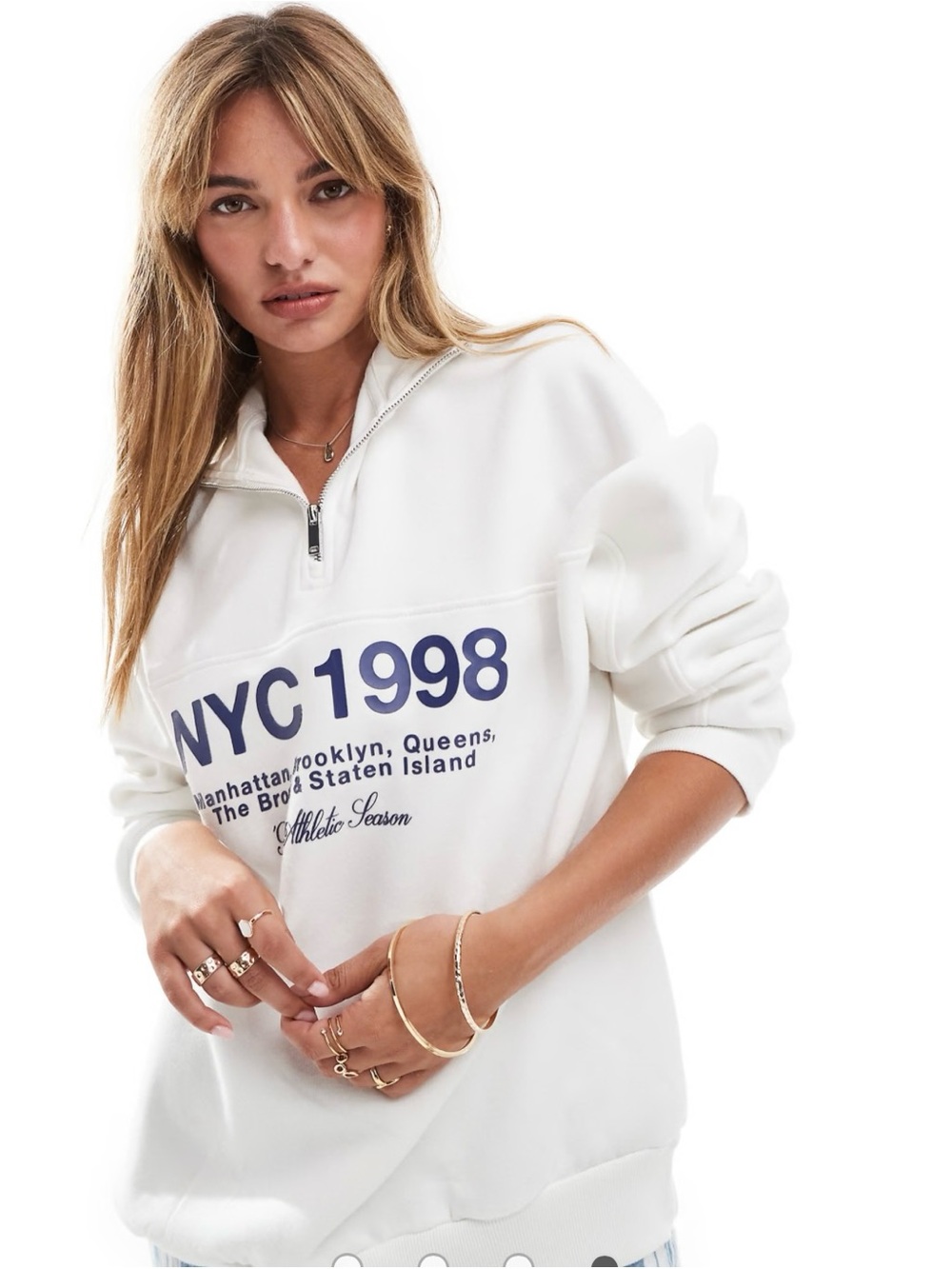 Bershka White Pullover Sweatshirt with Navy NYC 1998 Graphic